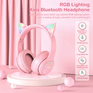 Onikuma b90 fones de ouvido sem fio bt, cancelamento de ruído, rosa, gato, orelha, rgb, microfone, estéreo, gaming, headset para meninas