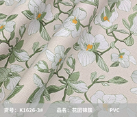 Kain Tas Kulit Buatan PVC Bermotif Bunga Cetak 0.8MM, Tahan Gesekan, Bagian Bawah Matte Brushed, Pola Rumah Tangga K1626