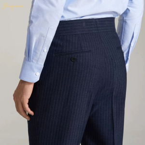 Pantalon habillé rayé pour homme avec ajusteurs latéraux doubles et ourlet à revers |   Pantalon formel extensible et respirant, teint éco-responsable - Product Image 2