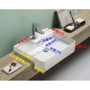 Lavabo de Cerámica Semiempotrado y Semi Colgante de Borde Delgado, Lavabo de Baño de una Pieza con Mueble, Abertura para Grifo de un Solo Orificio - Product Image 3