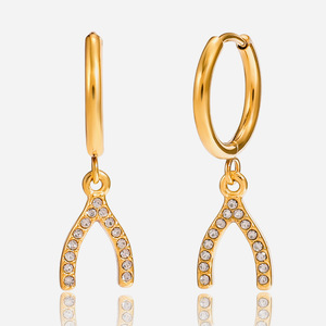 Pendientes de Aro de Oro de 18K y Acero Inoxidable con Diseño de Espina de Pescado y Circonitas, Joyería Fina Colgante para Uso Diario - Product Image 1