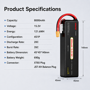 Batterie de drone OEM haute densité, haute capacité, semi-solide, 8000 mAh, 4S, 15,2 V, haute tension, pour UAS, UAV, VTOL - Product Image 1