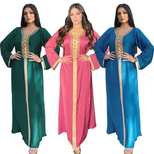 F843 # 开斋节和斋月2023长裙穆斯林伊斯兰服装蓝色阿巴亚卡夫坦卡夫塔阿拉伯贾拉比亚迪拜时尚