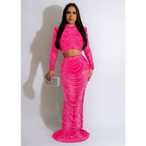 Ensemble deux pièces de luxe pour femme, de marque célèbre, avec broderie de créateur, en gaze à strass, à manches longues, pour soirée et club - Product Image 4