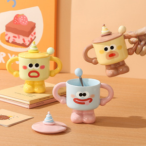 Cute Two Handled <b>Ceramic</b> <b>Mugs</b> Cartoon Coffee Cup with Lid and Spoon - Product Image 2