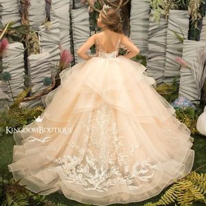 Vestidos vintage <span class=keywords><strong>2023</strong></span> para niñas de las flores para bodas, con encaje aplicado, volantes, sin mangas, para <span class=keywords><strong>comunión</strong></span>, cumpleaños, sesión de fotos. - Product Image 1