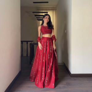 NiMa Creations <b>Red</b> <b>Silk</b> Lehenga Choli Floor-Length Traditional Women's Wedding Dress with Embellished Skirt Crop Top Quick Dry - Product Image 1