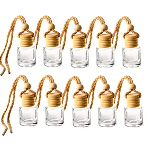 Empty 8ml 10ml round square Car Diffuser Perfume Bottle Wood Lid With Rope And Plug