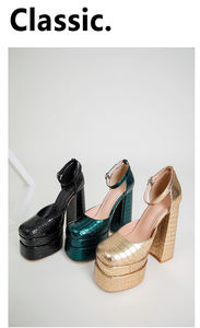 फैशन डबल प्लेटफॉर्म पंप जूते महिलाओं को 15 सेमी मोटी एड़ी के जूते पहनने वाली मैरी जेन ब्लॉक ऊँची एड़ी के जूते - Product Image 4