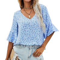 Summer Bohe Wholesale v Neck t Shirt Floral Flower Loose Blouse Elegant Ruffled Sleeve Women Shirts Blouses and Tops