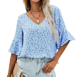 Summer bohe wholesale v neck t shirt floral flower loose blouse elegant ruffled sleeve women shirts blouses and tops