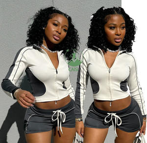 Nuovi Shorts due pezzi Set colletto da Fitness Slim Top Shorts tuta Color Block da donna 2 pezzi Set tuta da ginnastica - Product Image 1