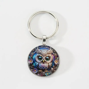 Wholesale Owl Pattern Time Gem Keychain Pendant Bag Accessories Round Metal Key Ring