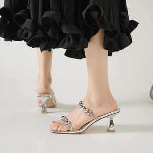 Women's Heeled Sandals Mid Heel Chunky Heel Open Toe Transparent Bead Decorated <b>Back</b> Strap Solid Pattern Elegant Fashion Trend - Product Image 1