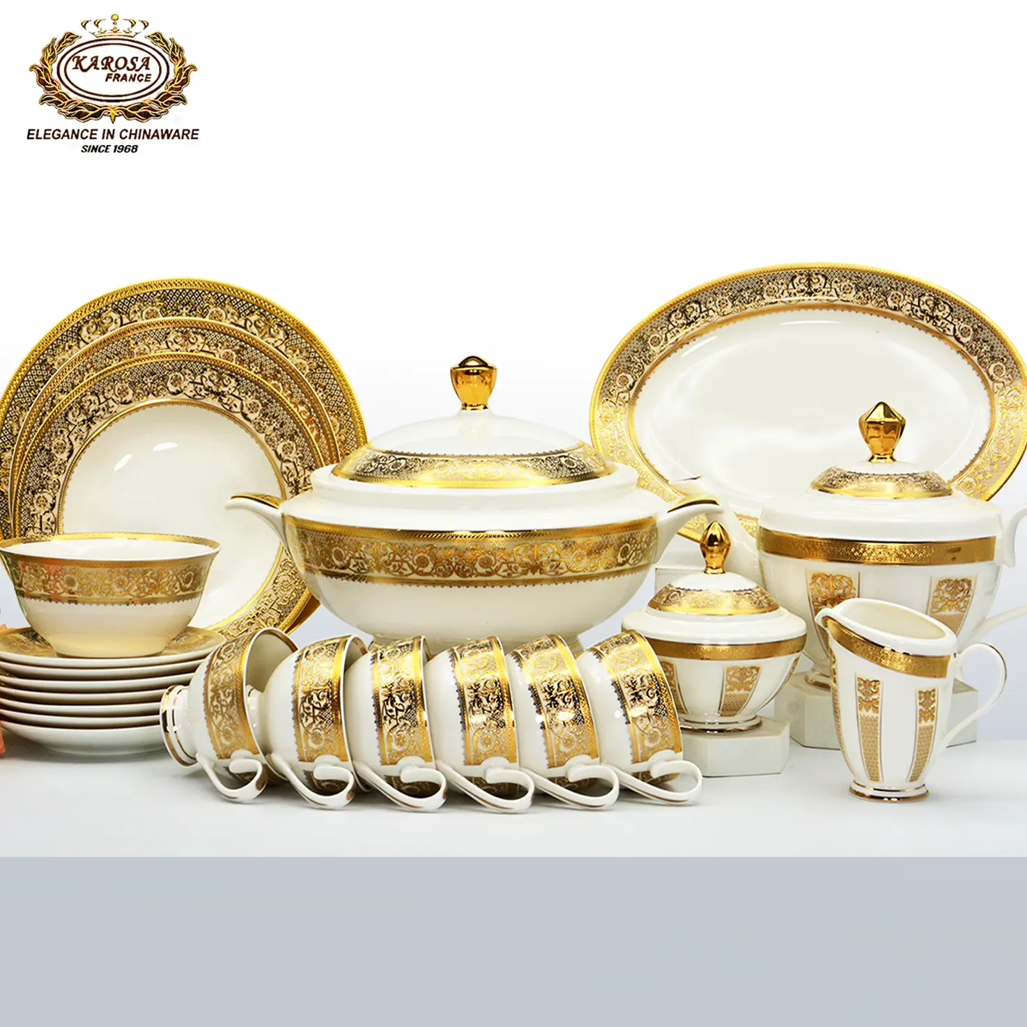 Vaisselle de décoration en or de style royal en porcelaine osseuse de style italien, service de table de luxe en porcelaine, 98 pièces