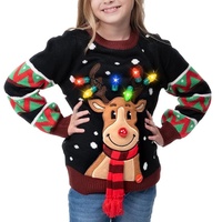 Pull de Noël en tricot pour enfant avec rennes et lumières LED intégrées, col rond, unisexe, 100 % coton