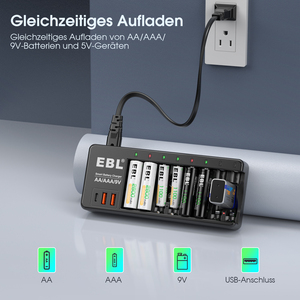 Chargeur de batterie intelligent portable USB rapide 8 baies EBL 9V NI-MH universel pour piles AAA et AA - Product Image 5