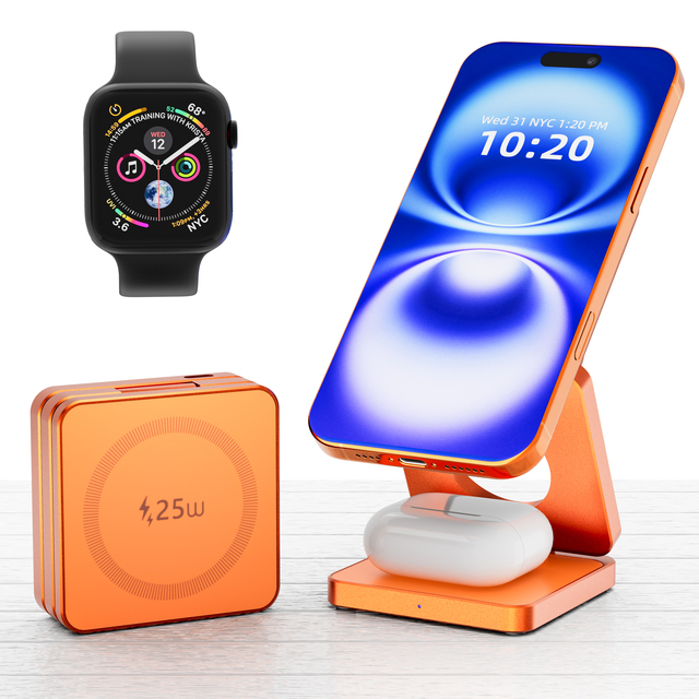 25W 3in1 Foldable Magnetic Wireless Charger CN/US/EU Patented Metal Oil Painting KC/CE/FCC/RoHS Folded 68mm Optional PD Charger