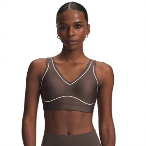 Sujetador deportivo sin costuras con espalda cruzada, cuello redondo, soporte medio, para yoga, color liso marrón, de elastano y poliéster, con bolsillos delanteros, transpirable, 360g - Product Image 1