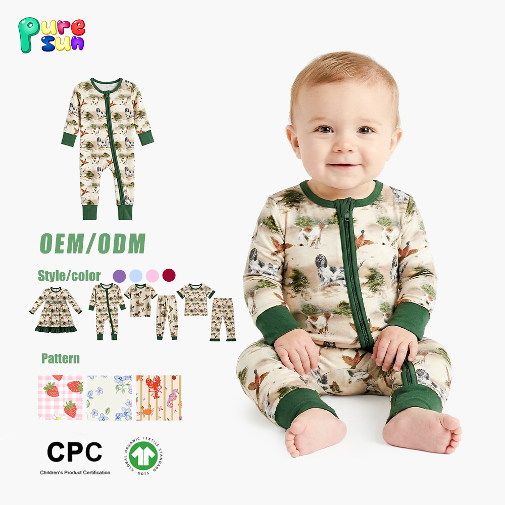 Puresun Free Custom Kids Bamboo Pajamas 100% Organic Cotton Toddler Boys Bodysuit Hunting Print Zipper Baby Rompers