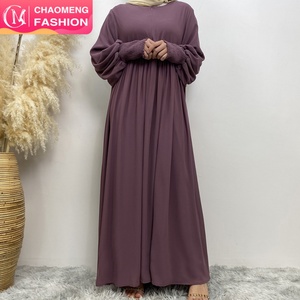 6685# Latest <b>Summer</b> Simplicity Solid Color Pleated Elastic Cuff With Front Zipper With Full Lining Classy Chiffon Women Dress - Product Image 1