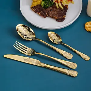 Cross Border Wholesale 4-Piece Luxury Pattern Arabesquitic Flatware Set Light Western Food Tableware Set with Fork Spoon Knife