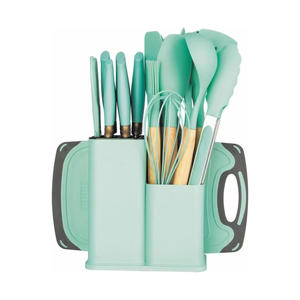 Juego de 19 utensilios de cocina de silicona con tabla de cortar, cubo de almacenamiento con mango de madera y cuchillo, herramientas de cocina - Product Image 1