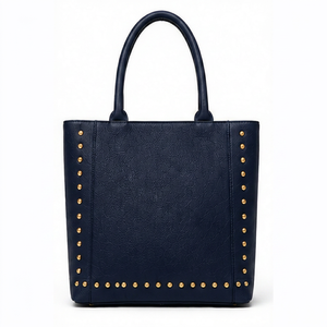 Gravs Luxury Genuine Leather <b>Studded</b> Tote <b>Bag</b> Women Large Capacity Magnetic Button Closure England Style Shoulder Handbag - Product Image 1