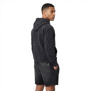 <b>Men's</b> Winter Breathable Printed Acid Wash Zip-Up <b>Hoodie</b> <b>and</b> <b>Shorts</b> <b>Set</b> with Front Logo Black Tracksuit - Product Image 4