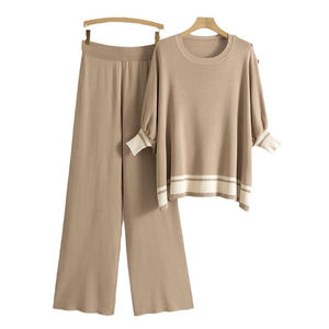 Completi lavorati a maglia primavera autunno snellenti maniche aderenti maniche a pipistrello top pantaloni larghi maglioni completi a due pezzi - Product Image 5