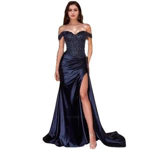 فستان سهرة S0642N 2026 أزرق داكن من الساتان بتصميم A-Line من البوليستر مزين بالماس بدون حمالات وبكتف مكشوف مع شق - Product Image 5