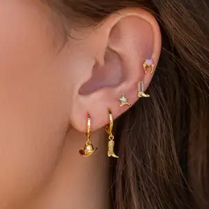 Exquisite 18K Gold Plated Cowboy Element Earrings Set Micro Crystal Zircon Boots Hat Badge Star Shaped Earrings For Women Girls