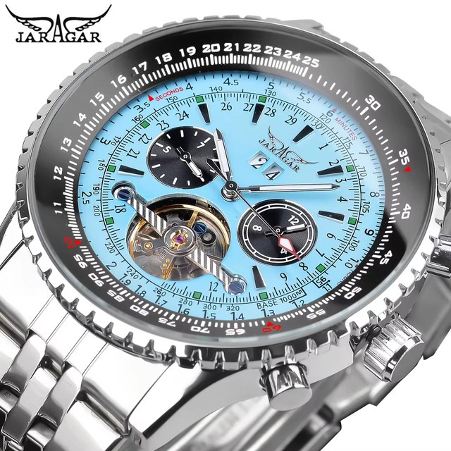 Jaragar 034 Tourbillon Men Mechanical Automatic Stainless Steel Multifunctional Man Watches Luxury Skeleton Mens Wrist Watch