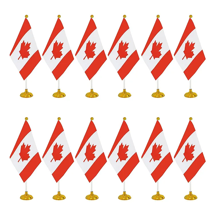 Venta al por mayor de bandera de escritorio de Canadá, Bandera de escritorio canadiense, pequeña mini Bandera de mesa de oficina canadiense con base de soporte