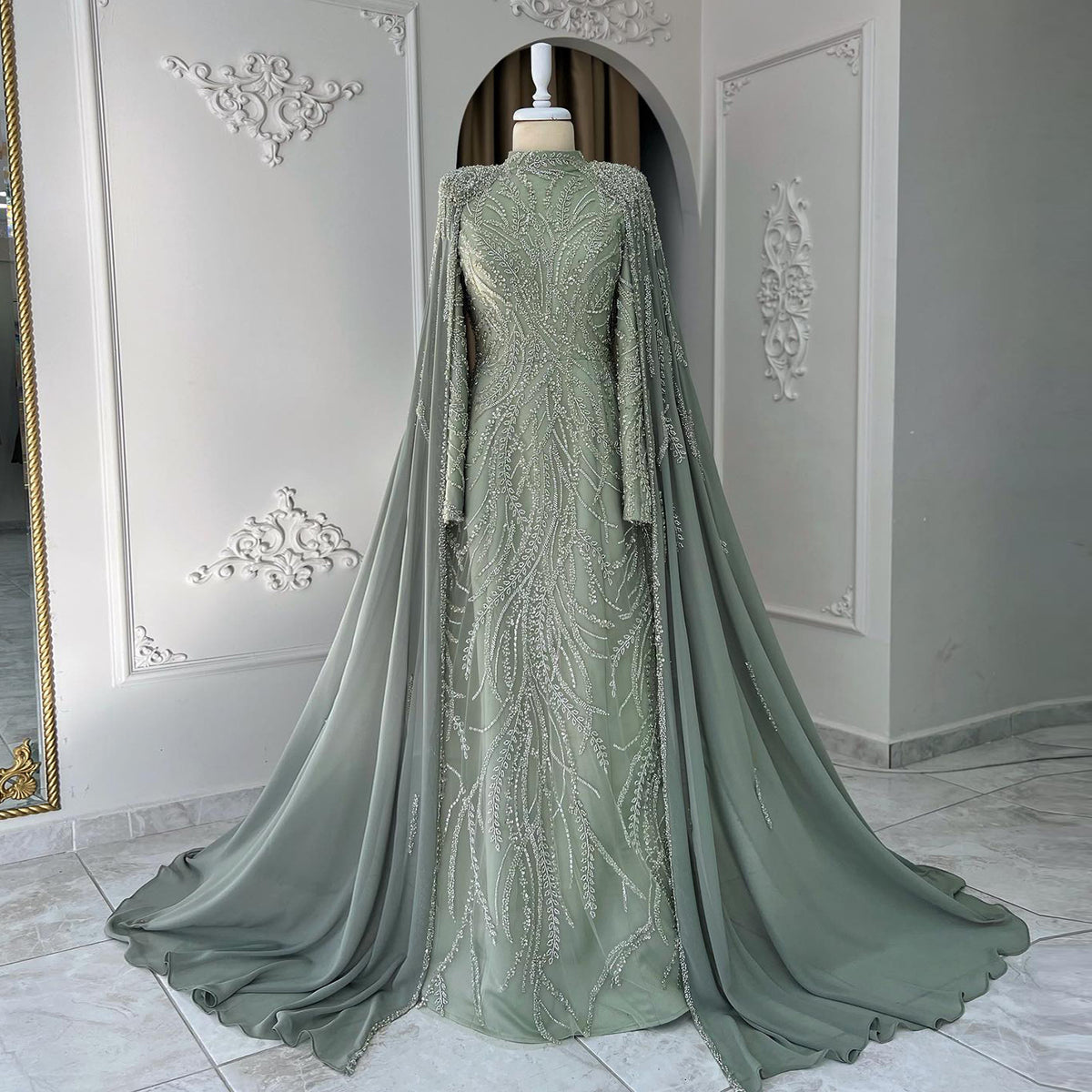 wedding party muslim party dresses with cape sleeves covered usa Engerla Luxury Pearls Muslim Mermaid Evening Dress Women High Neck Long Cape Sleeves Formal Prom Party Gowns US2 Champagne at Amazon Women's Clothing store