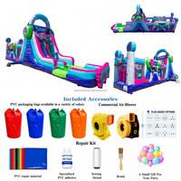 Tobogán Acuático Inflable de Doble Carril con Temática de Auriculares de Videojuegos Neon, Combinación de Obstáculos, PVC Resistente para Fiestas Infantiles, Jardín Trasero y Uso Comercial