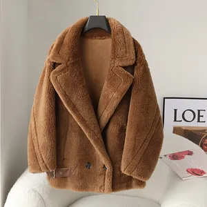 Shearling 100% ऊन रियल ओवरकोट डबल छाती नोकदार अंचल बड़े टेडी फर कोट महिला