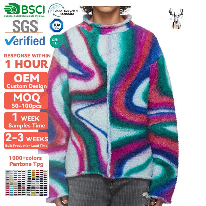 Nanteng Biểu Tượng Tùy Chỉnh OEM Mohair Jacquard Dệt Kim Dài Tay Áo Mùa Đông Mờ Đan Cao Cổ Người Đàn Ông Áo Len