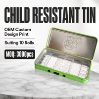 Boîte en étain personnalisée à impression sur mesure, hermétique et anti-enfants, avec couvercle à charnière, en étain CR hermétique avec plateau en plastique transparent, adaptée à l'emballage de 10 rouleaux