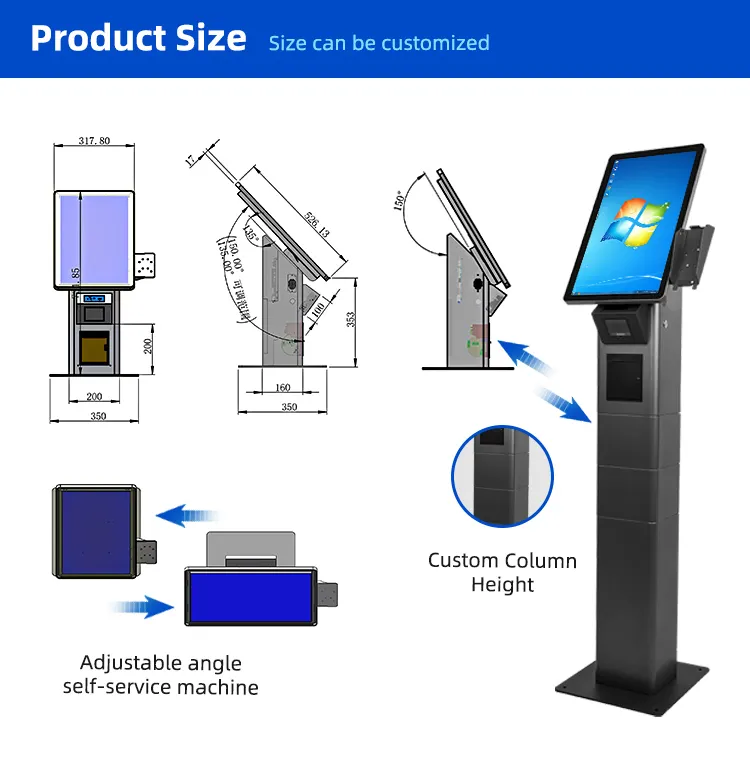 Switchable portrait/landscape screen desktop floor-stand kiosk with scanner printer Contactless payment kiosk for gas station