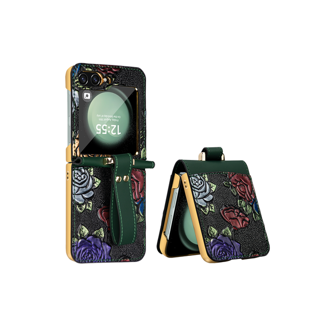 Luxury 3D Knurling Relief Embossing Flower Shockproof Wrap Hinge Shell Folding Phone Case for Samsung Galaxy Z Flip 6 5 4 3