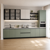 Système d'armoires de cuisine modernes sur mesure, sans poignées, en panneaux de mélamine vert sauge, porte en verre, étagère flottante LED, rangement en acier inoxydable