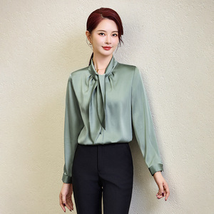 Women's Satin Blouse With Tie Neck Full Sleeve Elegant Work Shirt For Office Wear Green - Product Image 1