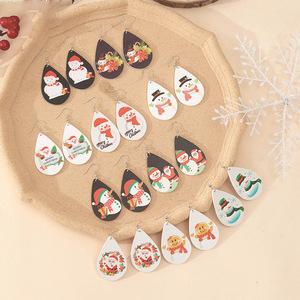 Boucles d'oreilles pendantes en bois de Noël, forme goutte d'eau, Père Noël et bonhomme de neige de dessin animé, ensemble de bijoux cadeau pour femme - Product Image 1