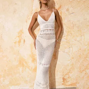 2024 Spring Summer Fashion Custom Beach Clothes Crochet Hollow Long Knitted Beach Cover Up Crochet Dress