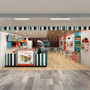 Airy Luxe Bakery & Coffee Market Stall Featuring Glass Display Case, Open Tiered Shelving, and Integrated Warm Lighting - Product Image 2