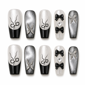 Hand Painted Black French Bow Dense Cat Eye Flash Zircon Rhinestone Sweet Cool White PMMA Almond Luxury Press on Nails Wholesale - Product Image 1