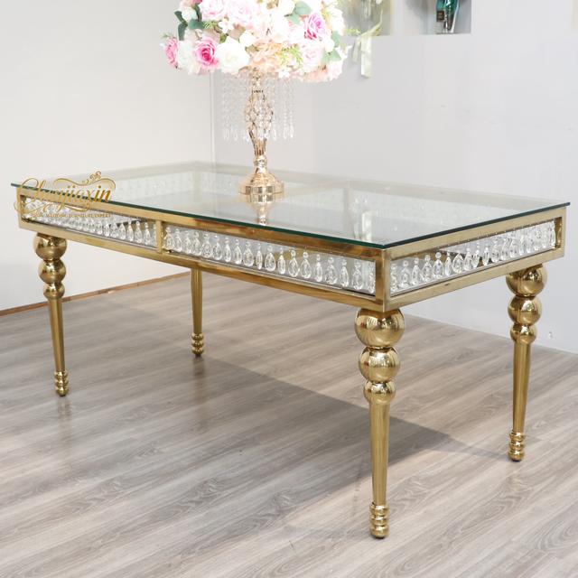 Factory Customize Luxury Gold Stainless Steel Rectangular Glass Wedding Decoration Dining Tables and Chairs for Party Event