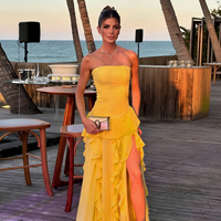 Robe de soirée formelle jaune sans bretelles, froncée et à volants, avec fente haute, élégante, coupe trapèze, longue maxi, décontractée pour les fêtes, la plage et les vacances