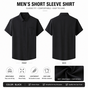 Camisa de Manga Corta para Hombre Tallas Grandes, Teñida con Hilo, Cierre de Botones, Estilo Casual de Negocios, Elástica, Color Sólido, Transpirable para Verano - Product Image 4